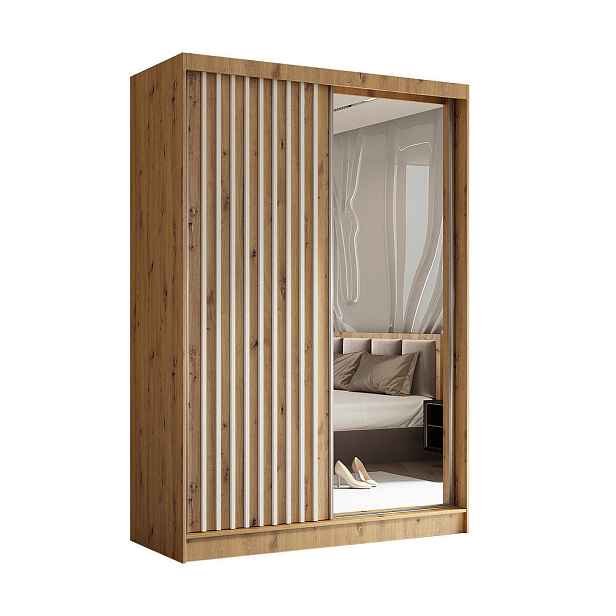 MASSENO ŠATNÍ SKŘÍŇ S POSUVNÝMI DVEŘMI LAMELLO, 150/216/61 cm 2dveřová se zrcadlem, dub Artisan