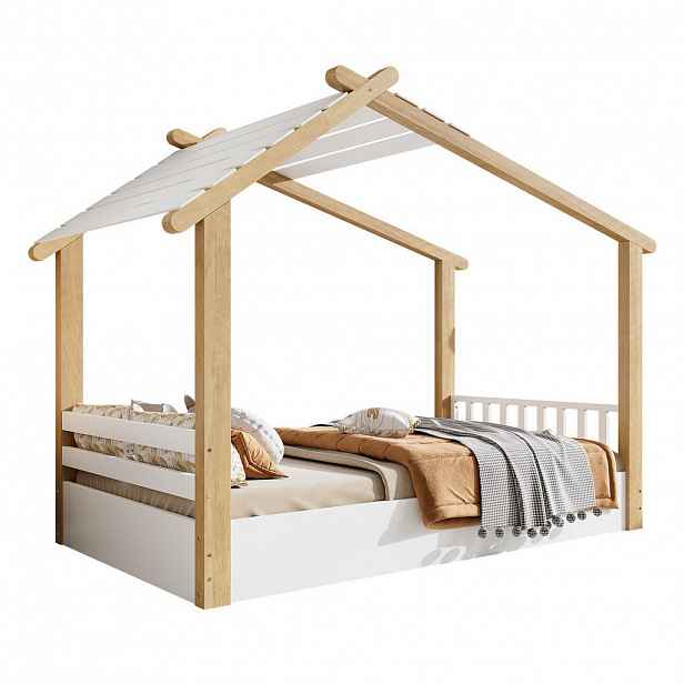 OKWISH DĚTSKÁ postel domeček 90/200 cm bílá a přírodní z masivního dřeva a MDF se stabilním roštem