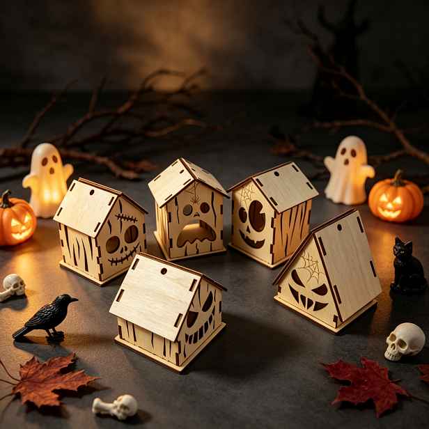 TEMU Sada 5 ks laserem řezaných dřevěných miniaturních domečků na Halloween, s děsivou lebkou, dýňovou tváří a vzory pavouka, sběratelské budovy,