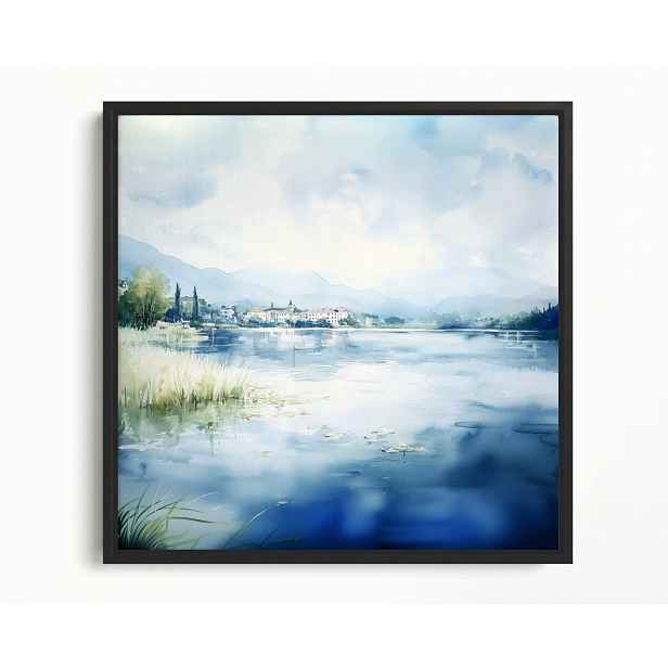 Obraz Rám Americký Box Akvarel Krajina Voda Jezero Městečko Hory 50x50