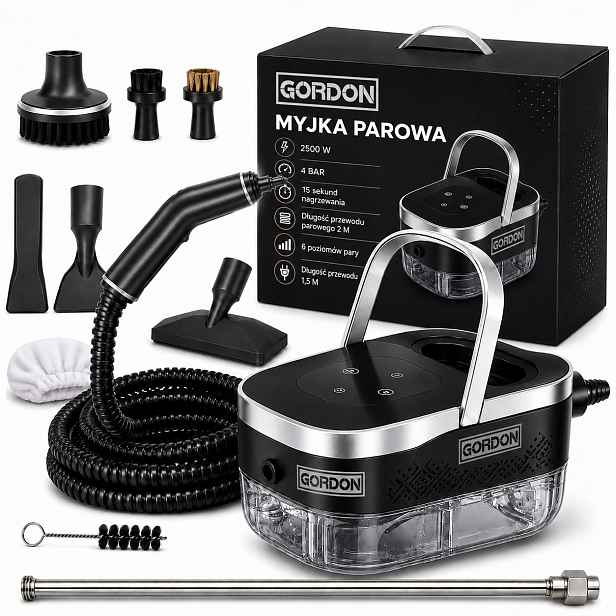 Univerzální parní čistič do koupelny 2500 W 4 bar s regulací páry, černý