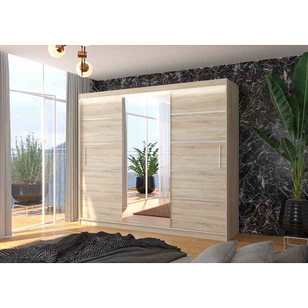 Velká skříň se zrcadlem 250 cm a LED osvětlením DAMRIS - dub sonoma