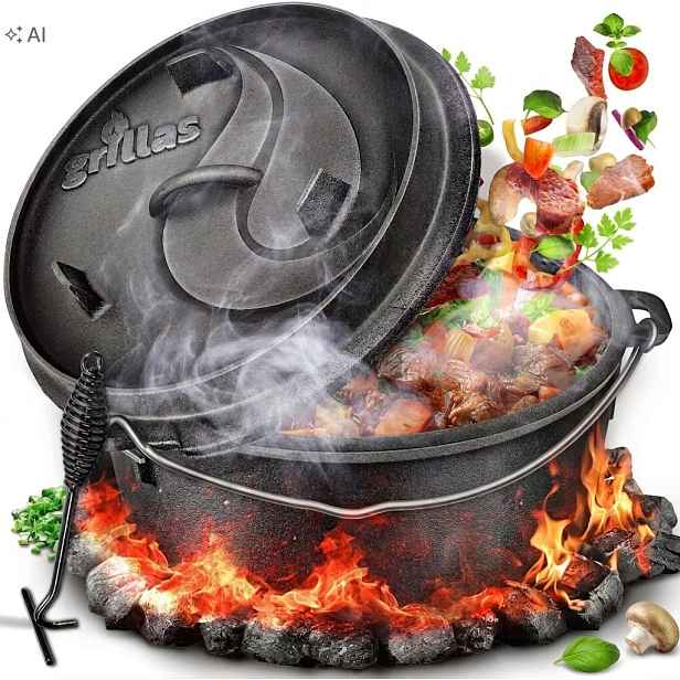 Litinový kotlík Dutch Oven 7,3L Hrnec na oheň Grill s víkem