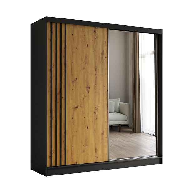 MASSENO ŠATNÍ SKŘÍŇ S POSUVNÝMI DVEŘMI NELVIA, 200/216/61 cm 2dveřová se zrcadlem, černá
