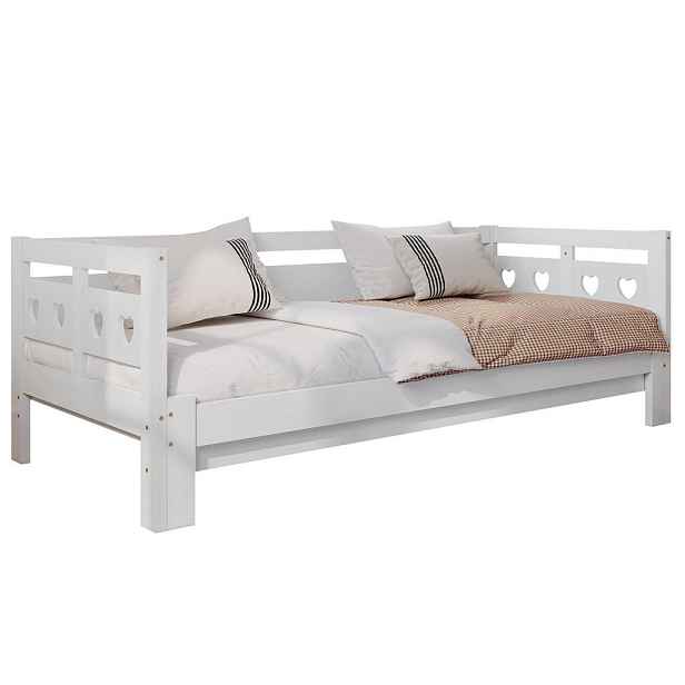 Modfu ROZKLÁDACÍ denní postel z borovicového dřeva a MDF 196x98-187x66 cm bílá srdcový design, výsuvné lůžko a úložný prostor
