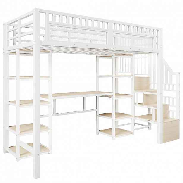 STILVORA HOCHBETT 90/200 cm in Weiß mit Schreibtisch, Stauraum, LED und USB