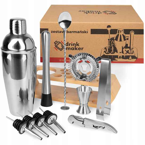 Barmanský set na nápoje 12 ks. shaker 750 ml muddler jigger sito stojan