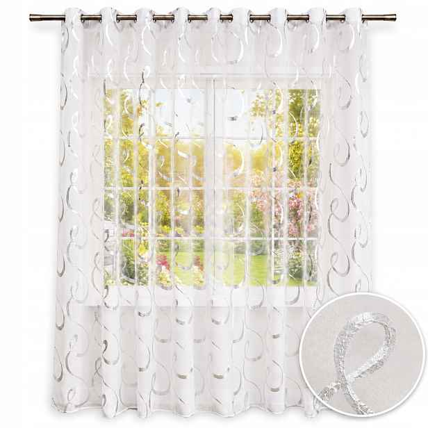 Hotová Záclona Etamina Elegantní stříbrný vzor 300x250 na průchodkách