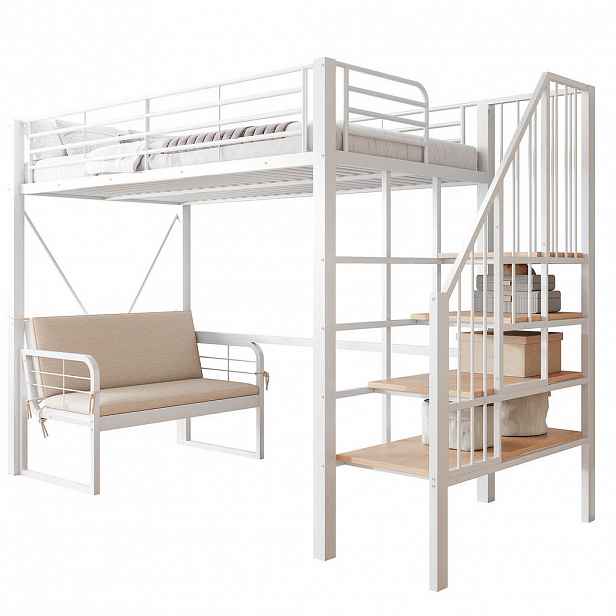 OKWISH PATROVÁ postel 90/200 cm bílá z kovu a MDF s odnímatelnou pohovkou a úložným schodištěm