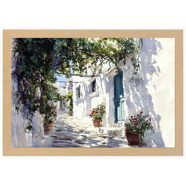 Plakát Rámeček Dřevo Řecko Bílé Domky Květiny Pergola Santorini 60x40