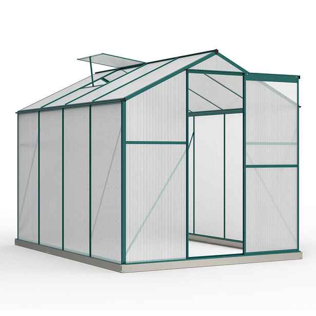 Modfu SKLENÍK z hliníku 253x190x200 cm zelený se střešním oknem, posuvnými dveřmi a ocelovým základem