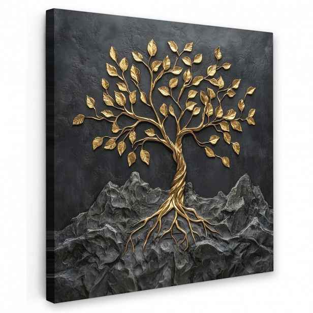 MuchoWow OBRAZ NA PLÁTNĚ Listy - Zlato - Strom - Skála 20x20 cm