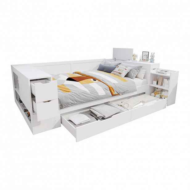 OKWISH DĚTSKÁ postel 140/200 cm bílá z MDF s úložným prostorem a nočním stolkem
