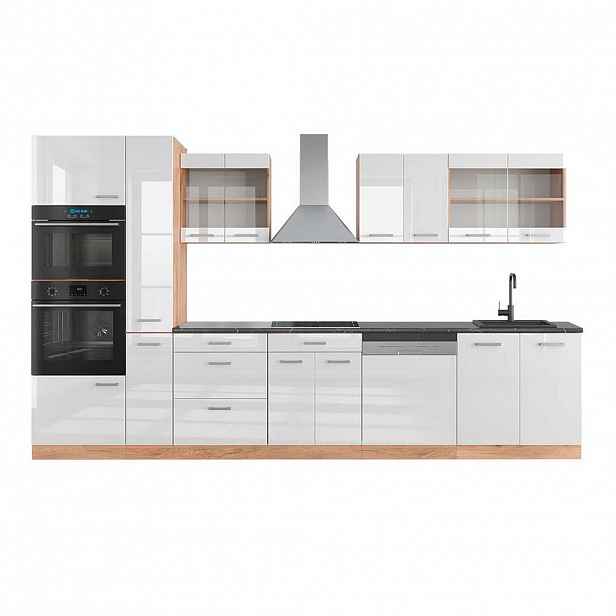 Vicco KUCHYŇSKÝ KOUT R-Line Bílý vysoký lesk/zlatý dub power 350 cm s vysokou skříní, PD Antracit
