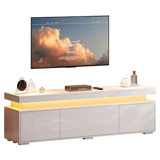 Modfu TV stolek z dřevotřísky 150x35x43 cm bílý s LED osvětlením, 3 dvířky a 4 přihrádkami