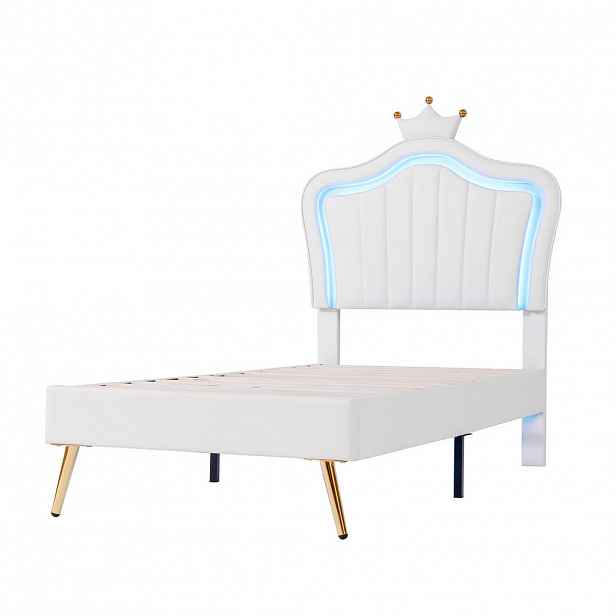 OKWISH DĚTSKÁ postel 90/200 a 140/200 cm bílá z MDF, umělé kůže a kovu s LED osvětlením a korunkovým čelem