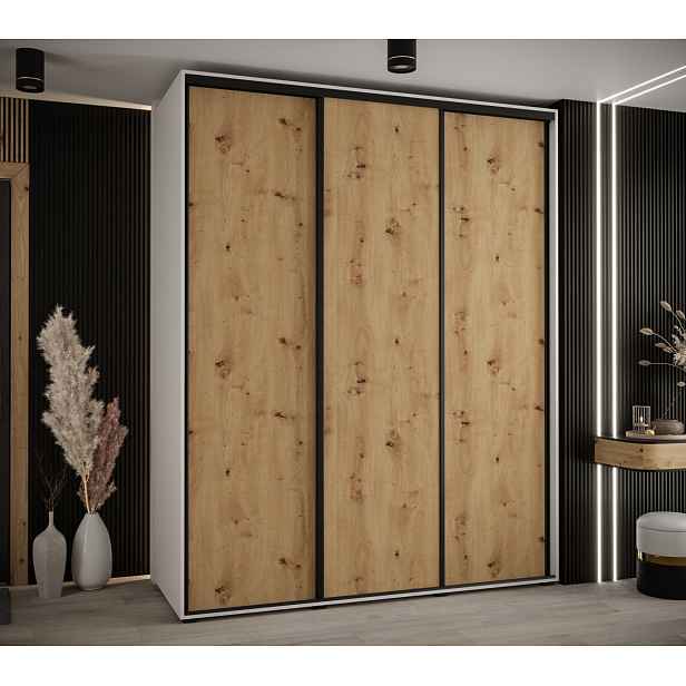 Šatní skříň YVONA 1 - 200/60 cm, bílá / dub artisan / černá