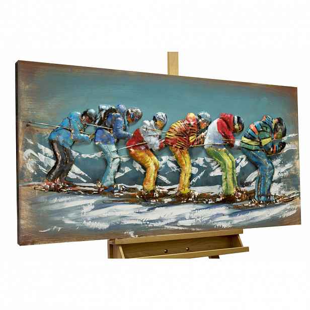 KUNSTLOFT KOVOVÝ OBRAZ VESELÁ JÍZDA NA LYŽÍCH, 120/60 CM