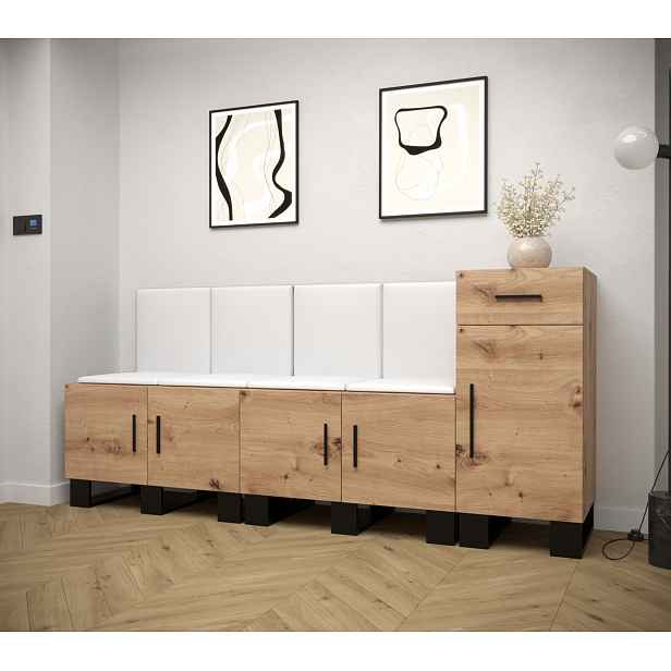 Předsíňová sestava RUMIE 17 - dub artisan, bílé panely z ekokůže