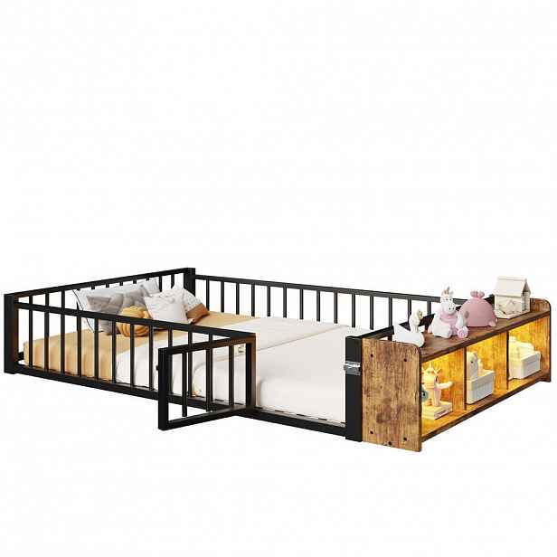 OKWISH DĚTSKÁ postel 140/200 cm černá z MDF a kovu s úložným prostorem, LED a zábradlím