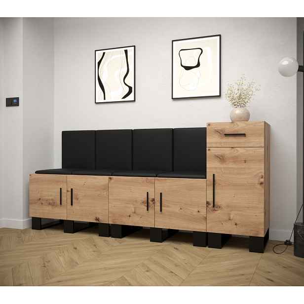 Předsíňová sestava RUMIE 17 - dub artisan, černé panely z ekokůže