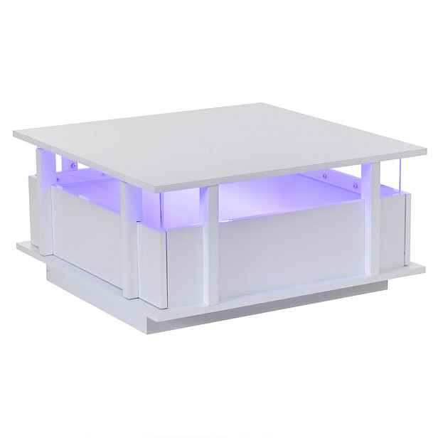 Redom KONFERENČNÍ stolek 70/70/35 cm s LED osvětlením, 2 zásuvkami a akrylovými bočnicemi, Bílá