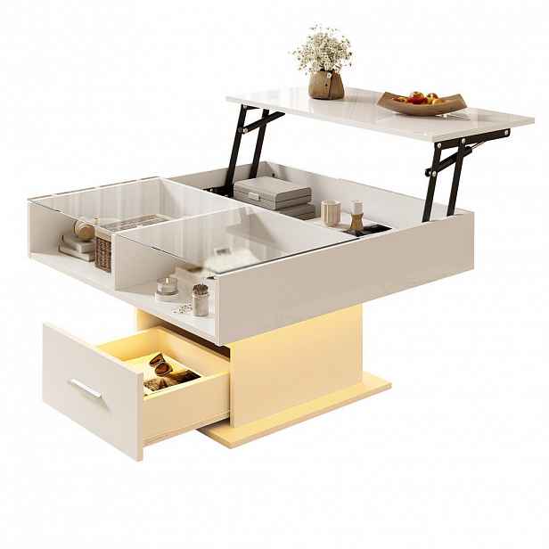 STILVORA KONFERENČNÍ STŮL bílý s LED a výškově nastavitelnou deskou, do obývacího pokoje, 78×78×45 cm