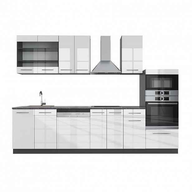 Vicco KUCHYŇSKÝ KOUT Fame-Line Bílý vysoký lesk/antracit 300 cm s vysokou skříní, bez pracovní desky