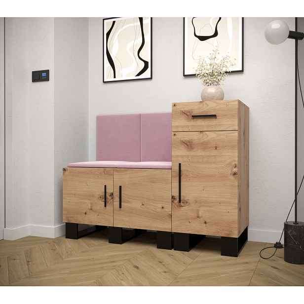 Předsíňová sestava RUMIE 18 - dub artisan, růžové panely