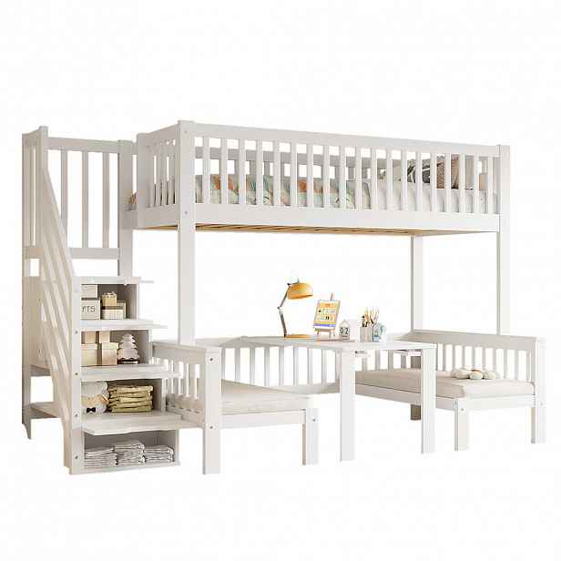 STILVORA ETAGENBETT 90/200 cm & 120/200 cm in Weiß Kinderbett mit Stauraumtreppe, Tisch und Sicherheitsgeländer