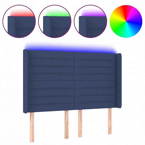 vidaXL Čelo postele s LED modré 147 x 16 x 118/128 cm textil