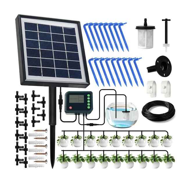 Amathings Solární zavlažovací systém 15 rostlin 15 m Hadice Časovač Čerpadlo LCD