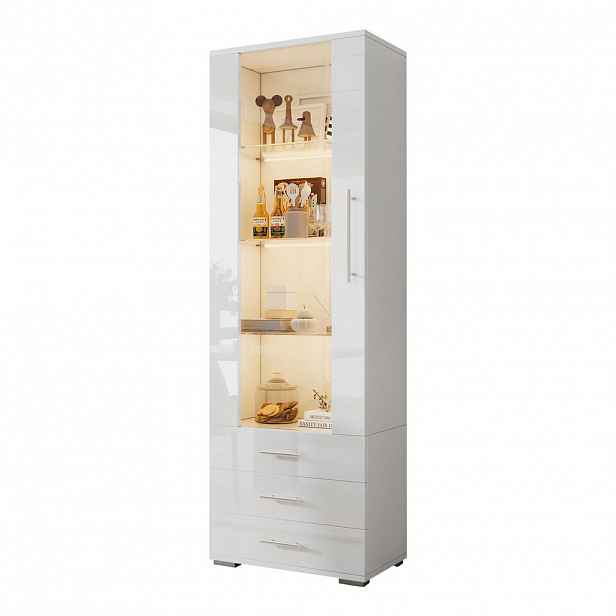 STILVORA VITRÍNA v bílé barvě se stojací konstrukcí, LED osvětlením a 3 zásuvkami do obýváku, Š60/H35/V180 cm