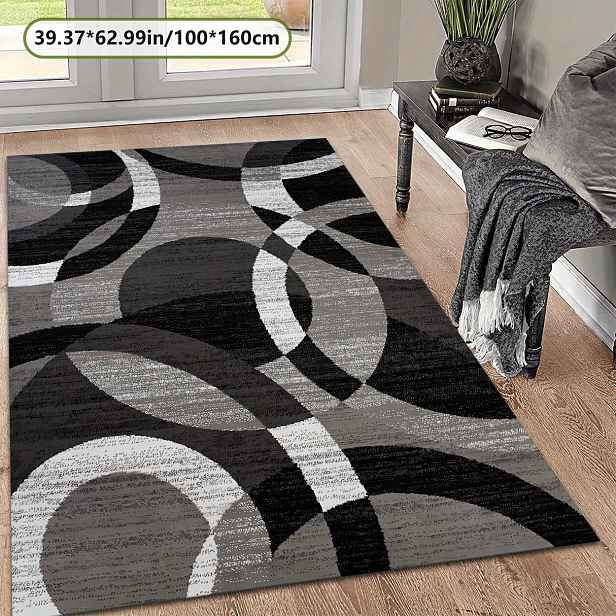 TEMU Luxusní křišťálový sametový koberec o hmotnosti 800 g s elegantním černým, bílým a šedým kruhovým designem - Měkký, odolný a pratelný v pračce -