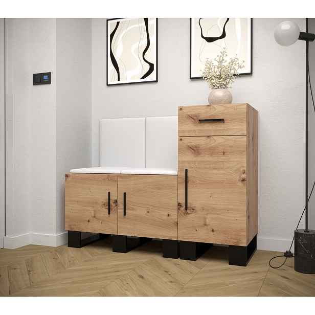 Předsíňová sestava RUMIE 18 - dub artisan, bílé panely z ekokůže