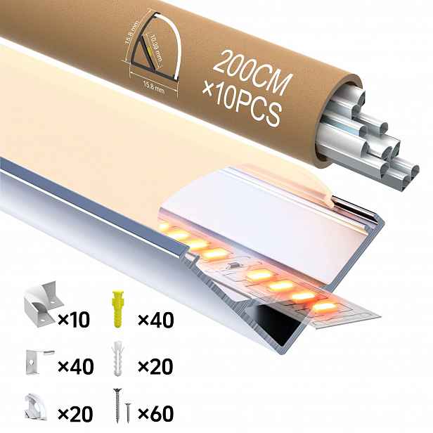 Hliníkový Led profil pro pásky, rohové, 2m * 15,8mm, 10x sada s krytem