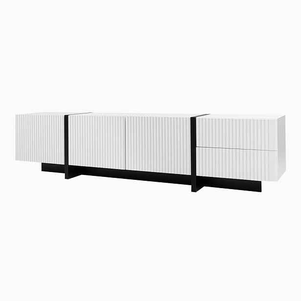 STILVORA TV STOLEK v bílé a černé barvě se 3 dvířky a 2 zásuvkami, 190×35×45 cm