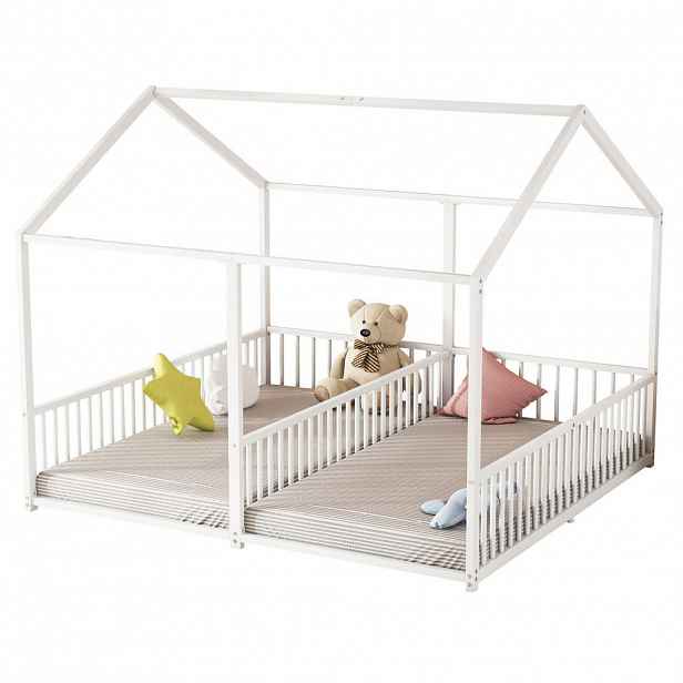 OKWISH PATROVÁ postel 90/200 cm bílá z kovu s zábranou a žebříkem ve tvaru domu
