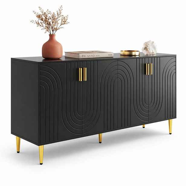 STILVORA KUCHYŇSKÁ SKŘÍŇ černá s jedinečným vlnitým designem a zlatými úchyty, do obývacího pokoje, 152×40×75 cm