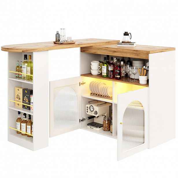 Modfu BAROVÝ stůl z MDF 138-193x105x39 cm bílý otočný s LED osvětlením a úložným prostorem