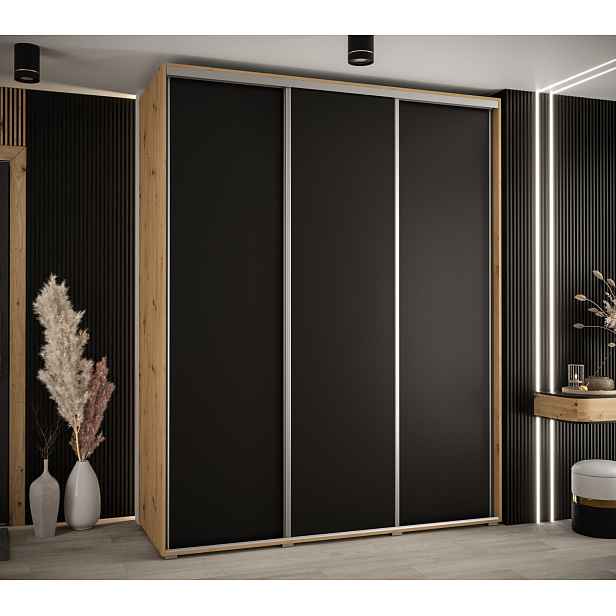 Šatní skříň YVONA 1 - 200/60 cm, dub artisan / černá / stříbrná