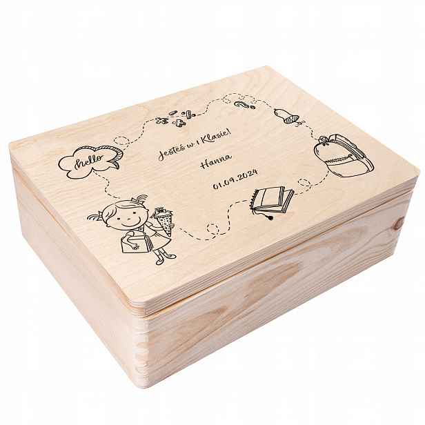 Dřevěná krabička na školní suvenýry pro dítě se jménem dárek 40x30