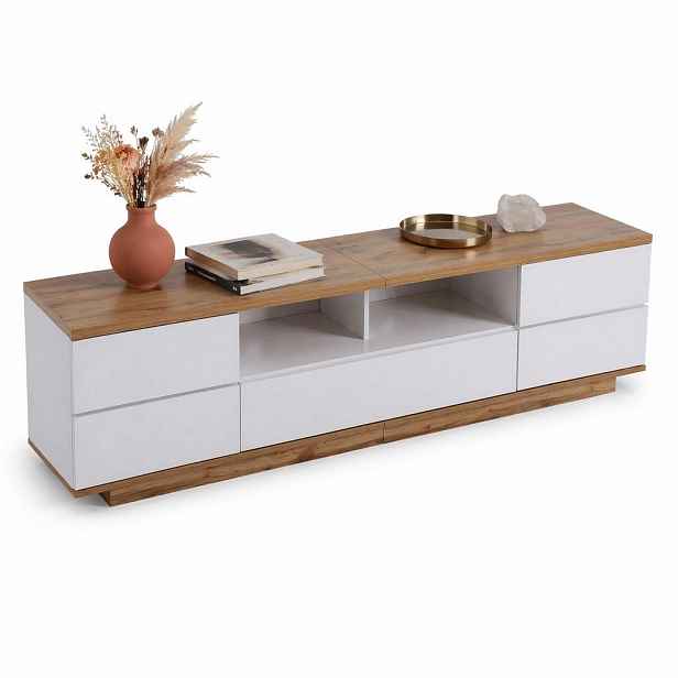 STILVORA TV STOLEK bílý s dekorem dřeva, dvoubarevným designem a úložným prostorem, 180×38×46 cm