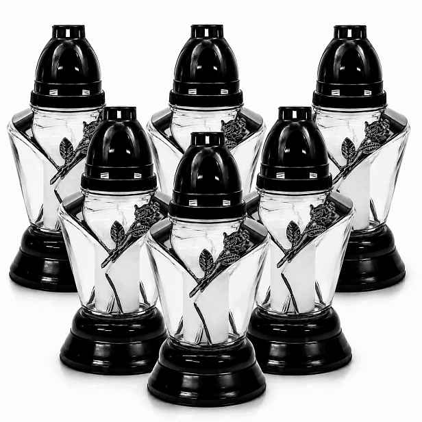 6 x Hřbitovní Svíčka Sada Grafit s růží Lampion na hrob vložky 27 cm S-60