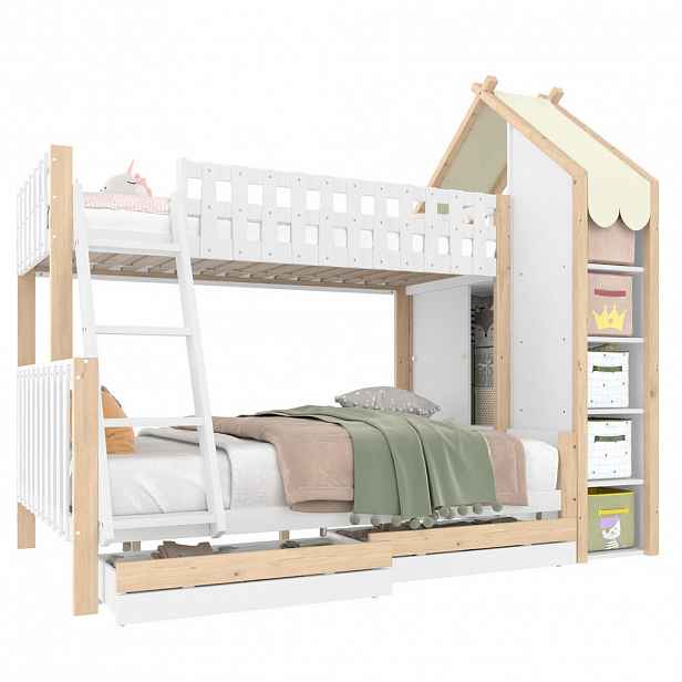 STILVORA ETAGENBETT 90/200 cm & 140/200 cm in Weiß & Natur Kinderbett mit 2 Schubladen, Regal und Hausdach