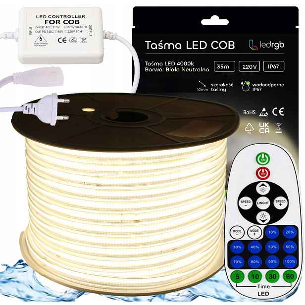 Set Led pásek Cob 230V 35m 4000K Bílý Neutrální Stmívač Dálkový Ovladač Ir