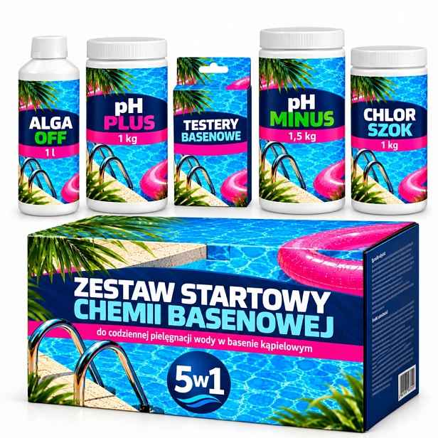 Komplet Bazénová Chemie 5V1 Tester Alga Off Ph Plus Chlor Šok Ph Mínus
