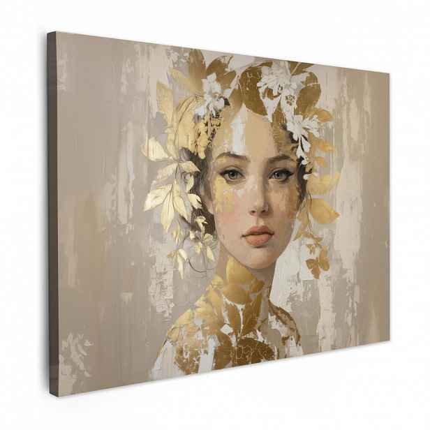 MuchoWow OBRAZ NA PLÁTNĚ Tvář - Žena - Listy - Zlato 40x30 cm