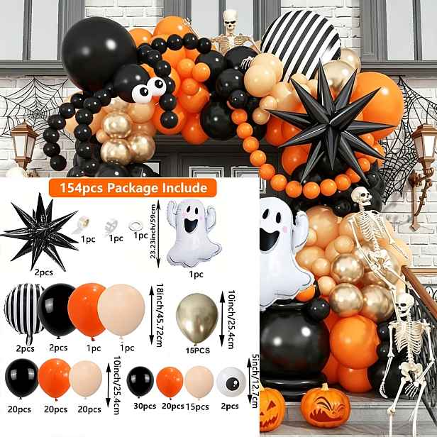 TEMU 154dílná hravá sada balónkové brány na Halloween s atmosférou, černé oranžové kovové zlaté matné latexové balónky v kombinaci s roztomilým