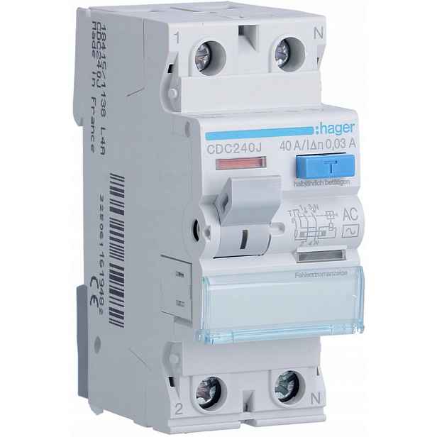 Proudový chránič 1P+N 40A 30mA 6kA Ac Hager CDC240J